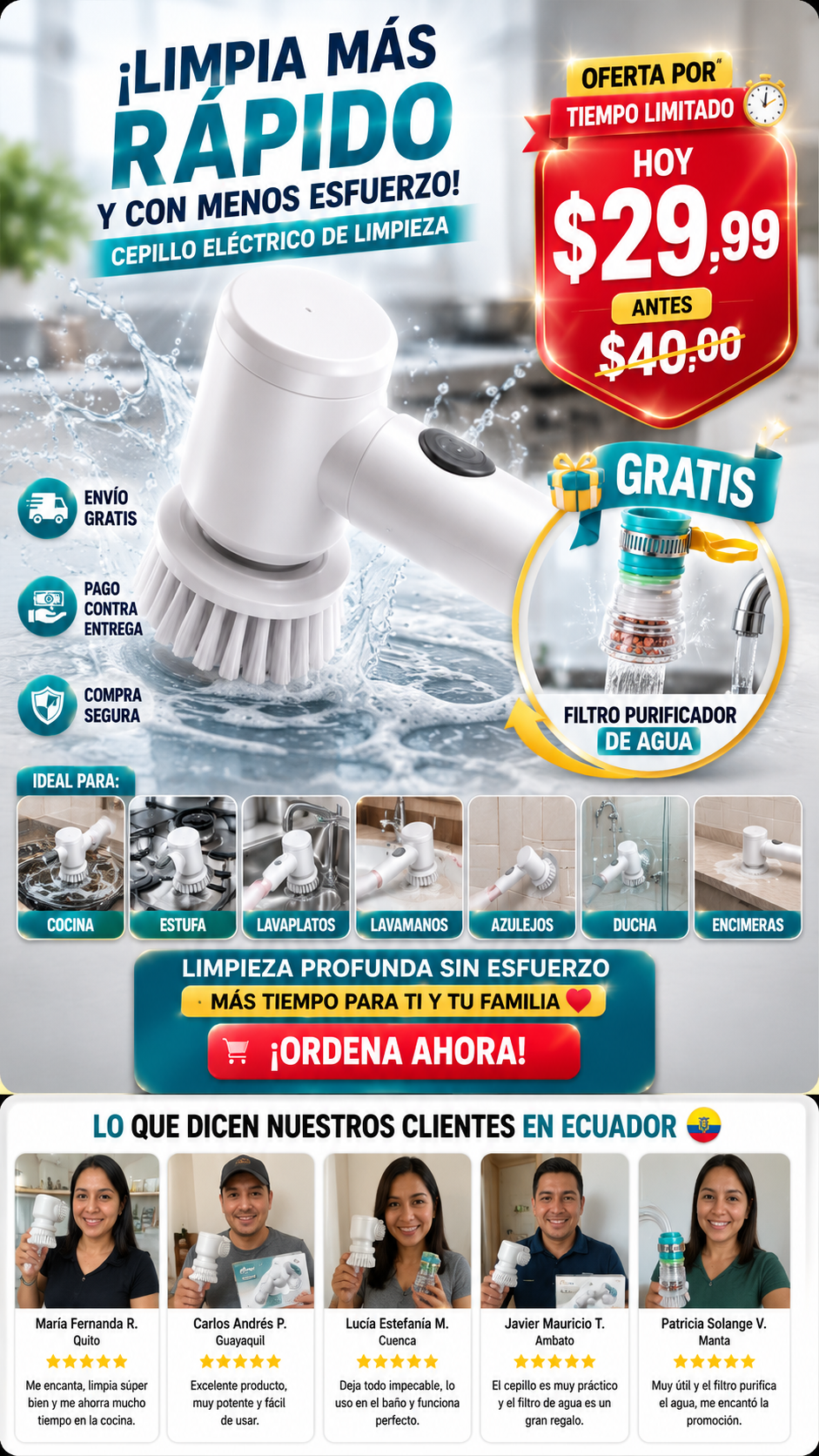Pack Cepillo eléctrico de limpieza + Filtro purificador de agua