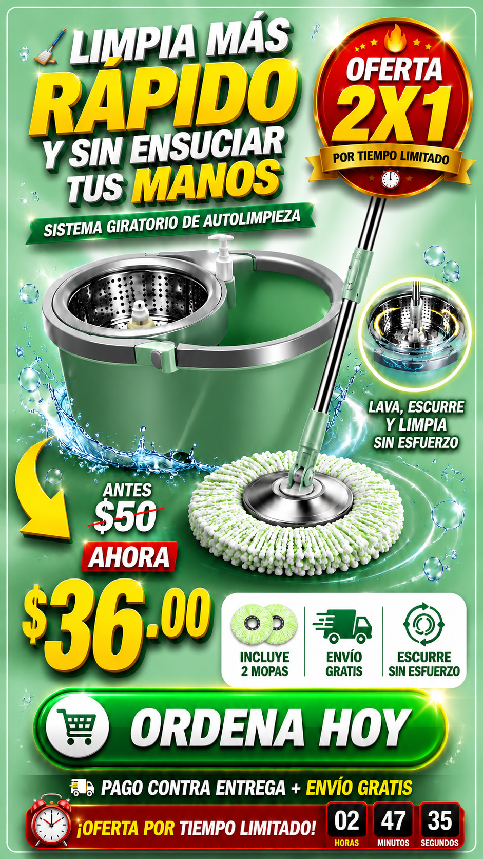 Pack 2x1 Trapeador 2 Mopas Con Balde